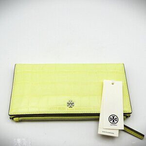 TORY BURCH Emerson Croc Embossed Pastel Yellow Color Slim Envelope Wallet